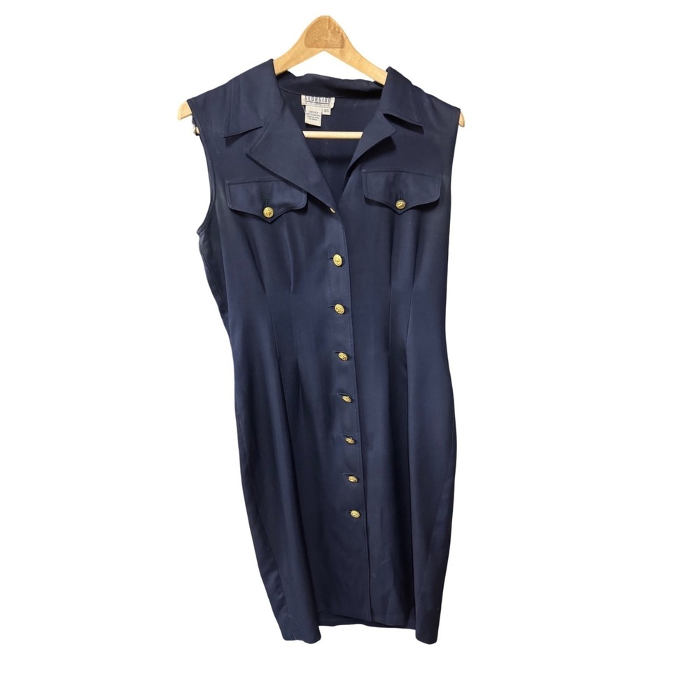 Georgiou Studio Navy Blue 100% Silk Sleeveless Button Front Shirt Dress Size 8S
